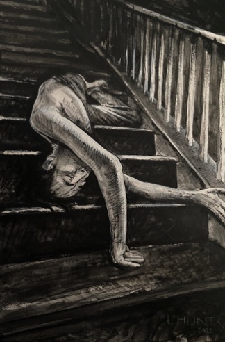 "Stair Situation, 3" by L.HUNT, 15" x 10"
Acrylic and Charcoal on Illustration Board